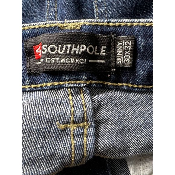 Southpole Blue Moto Skinny Jeans Men 30 x 32 Ribbed Distressed Straight Leg - Picture 3 of 11